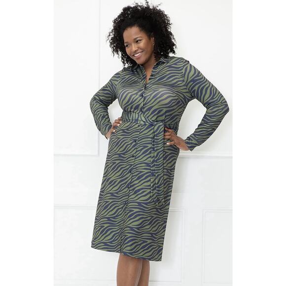 Eloquii Elements Green/ Black Zebra Print Button Down Midi Dress Size 14 - Picture 1 of 14